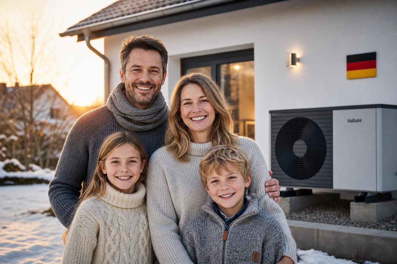 Polska rodzina przed nowoczesnym domem z pompą ciepła